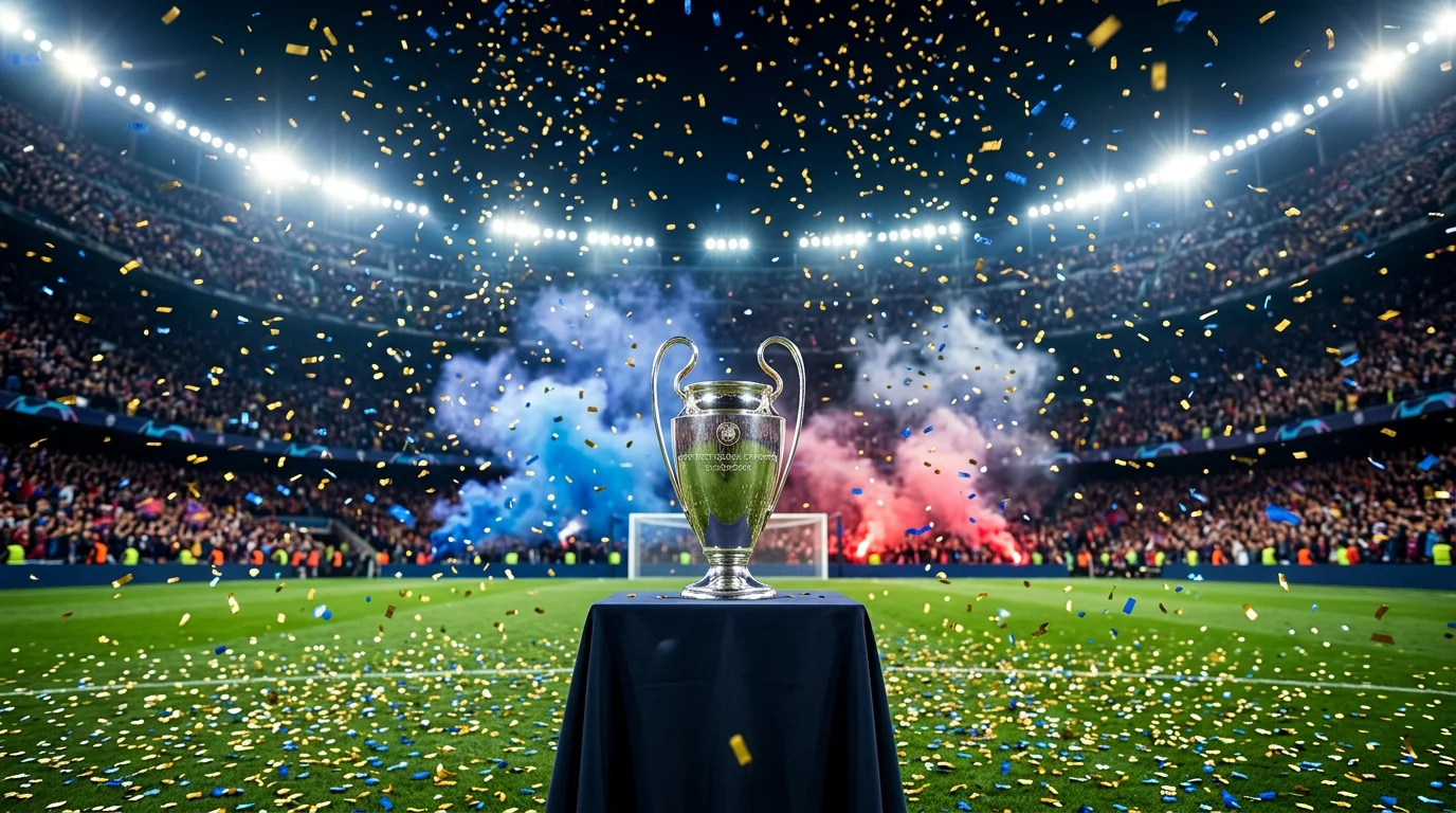 Jugadores del PSG celebrando con el trofeo de la Champions League tras la final de 2025 en el Allianz Arena de Múnich