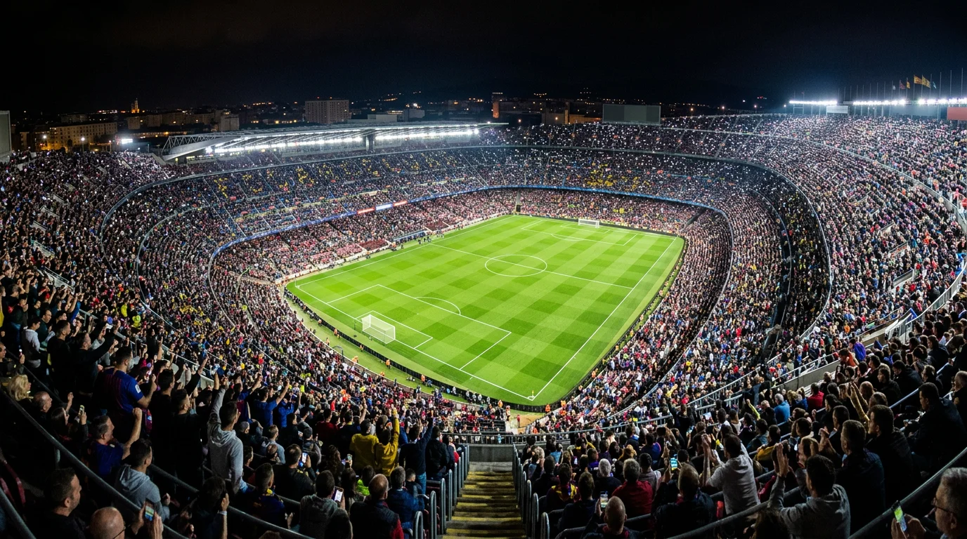 Vista panorámica de un estadio de fútbol europeo lleno de espectadores durante un partido de la fase liga de la Champions League