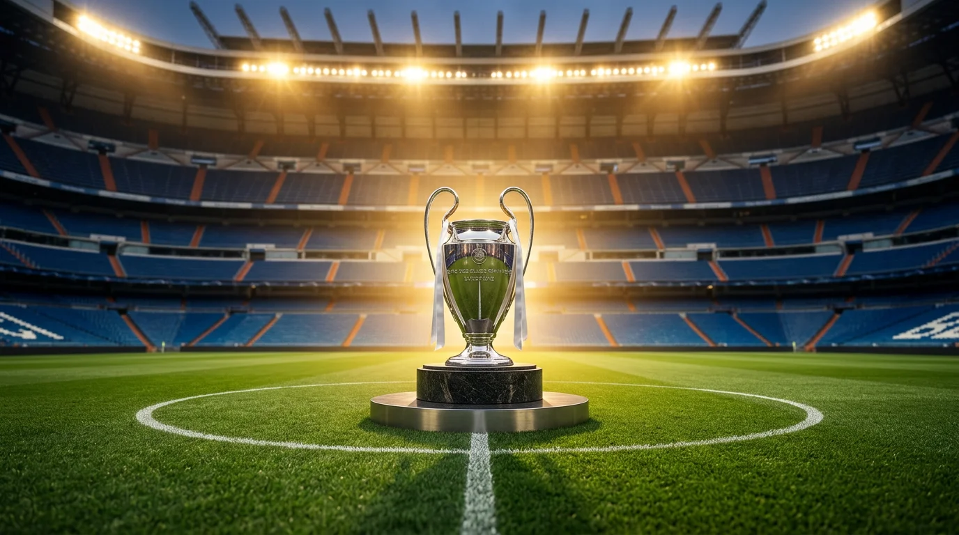 Trofeo de la Champions League iluminado sobre un campo de fútbol con el palmarés histórico de campeones desde 1956