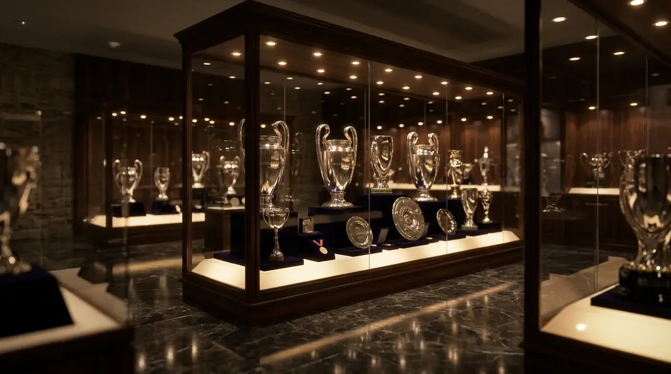 Vitrina con trofeos de la Champions League en un museo del futbol europeo
