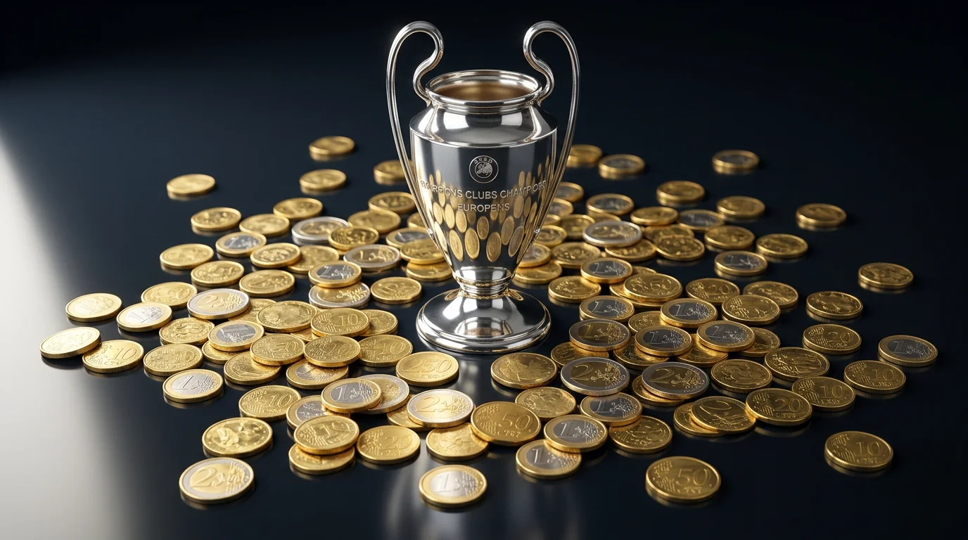 Trofeo de la Champions League junto a un campo de fútbol europeo representando los premios económicos del torneo