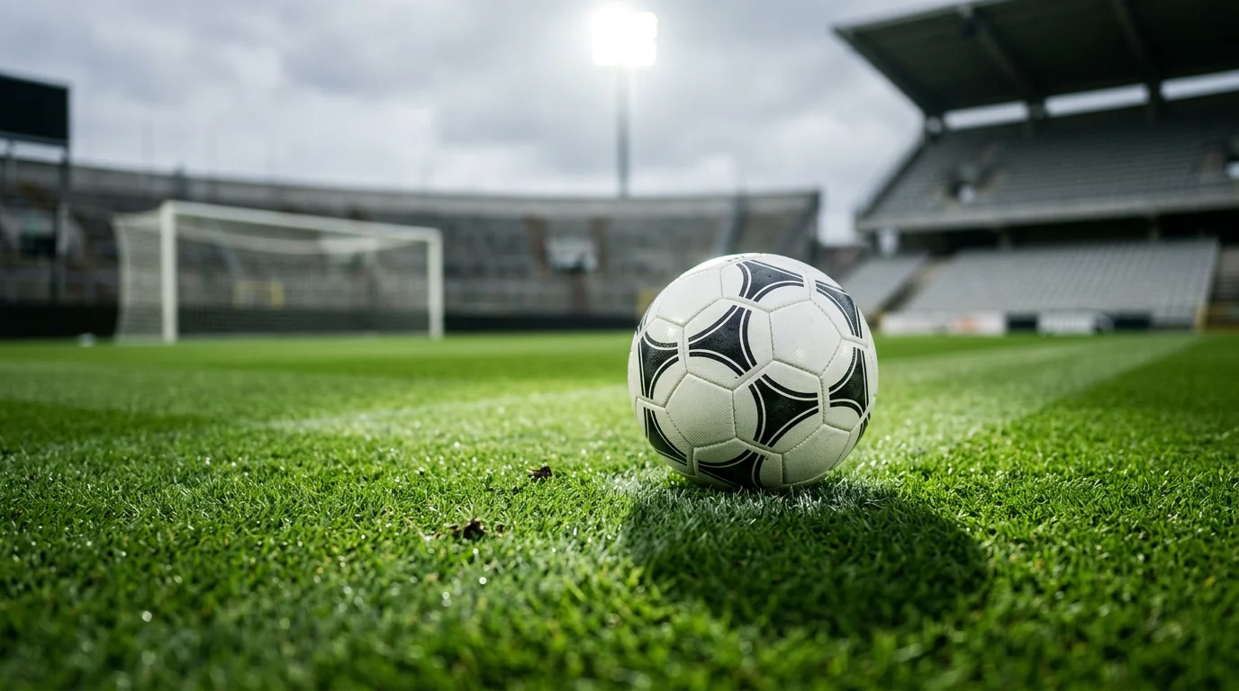 Balón oficial de la Champions League sobre el césped de un estadio de fútbol europeo iluminado de noche